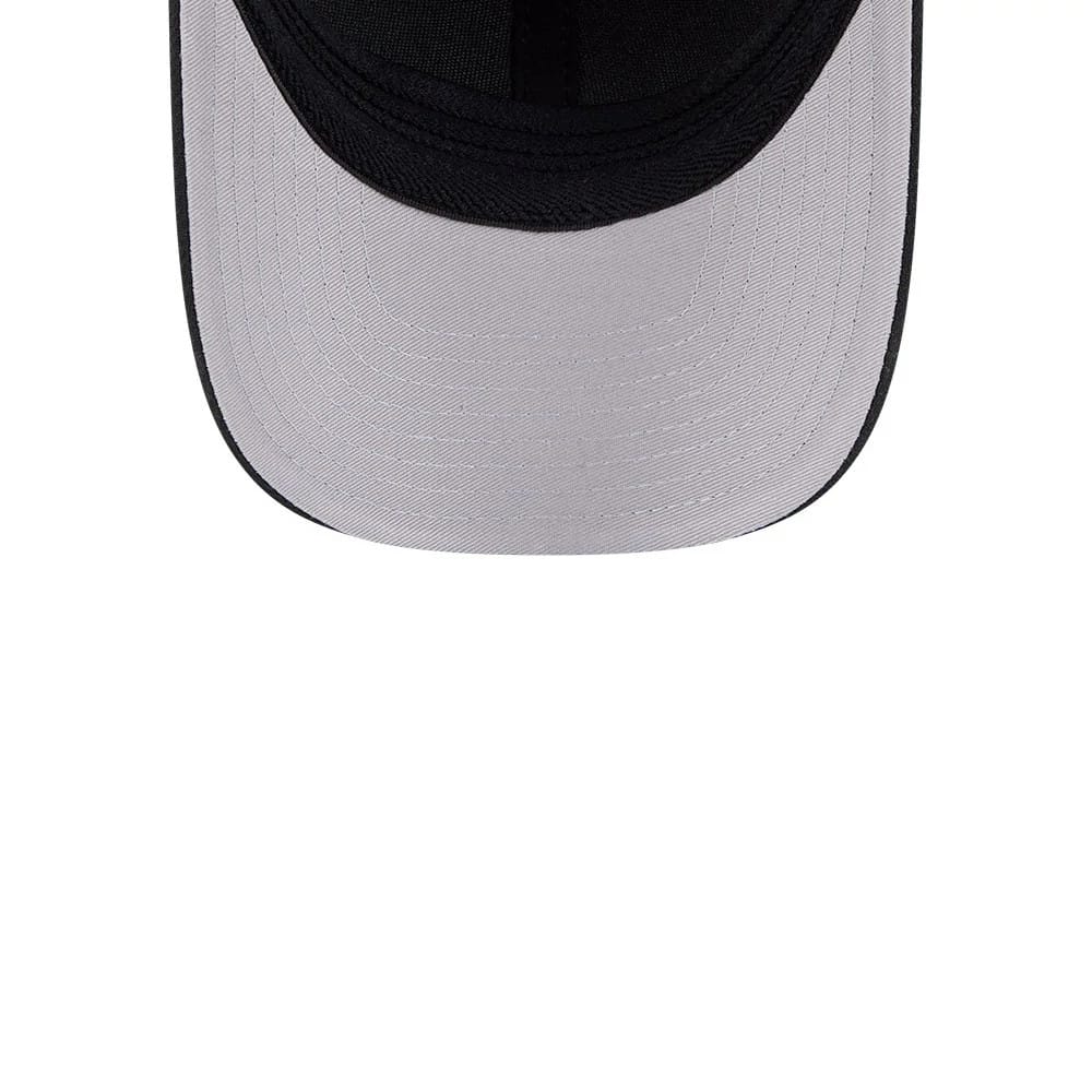 Atlanta Braves MLB Black New Era 39THIRTY M-Crown Stretch Fit Cap, inside view showing the grey undervisor and black sweatband, with detailed stitching along the curved visor's edge.