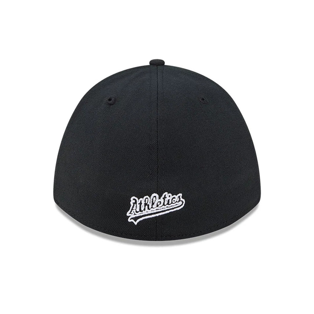 Athletics MLB Black New Era 39THIRTY M-Crown Stretch Fit Cap, rear view showing the white embroidered Athletics logo at the centre of the back panels, flanked by black eyelets on the black structured crown.