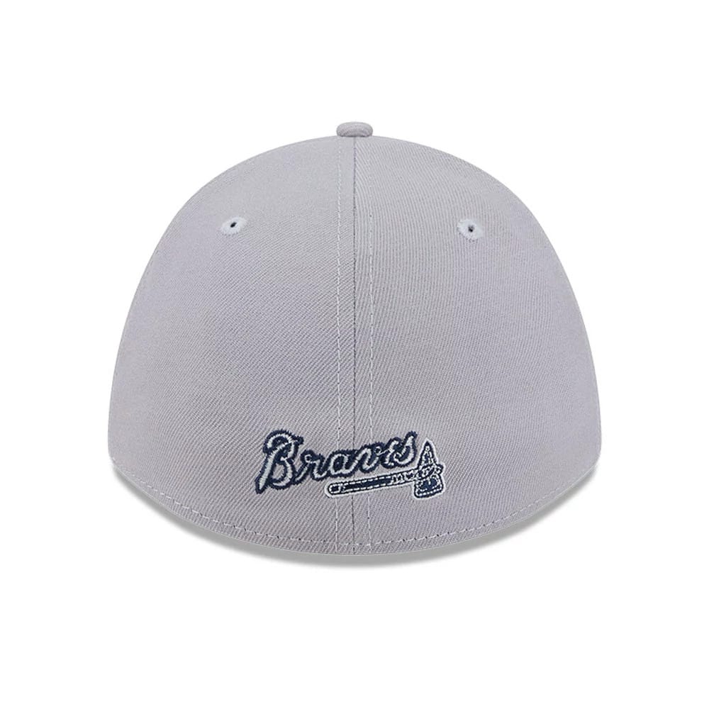 Atlanta Braves MLB Grey New Era 39THIRTY M-Crown Stretch Fit Cap, rear view showing the navy embroidered Braves script logo on the structured grey crown, with matching grey eyelets and top button.
