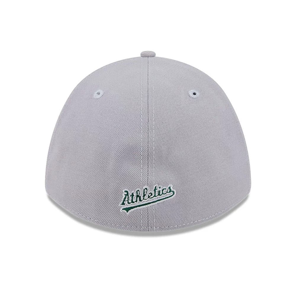 Athletics MLB Grey New Era 39THIRTY M-Crown Stretch Fit Cap, rear view showing green and white embroidered Athletics text logo on the lower centre back of the structured grey crown.