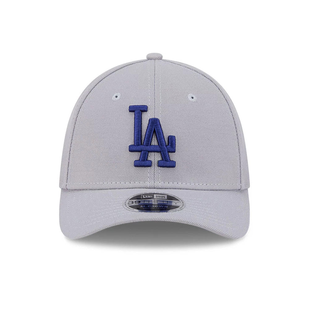 LA Dodgers MLB Grey New Era 39THIRTY M-Crown Stretch Fit Cap, front view showing a raised blue embroidered LA logo on the grey structured crown, complete with a grey curved visor and a 39THIRTY size sticker on the visor.