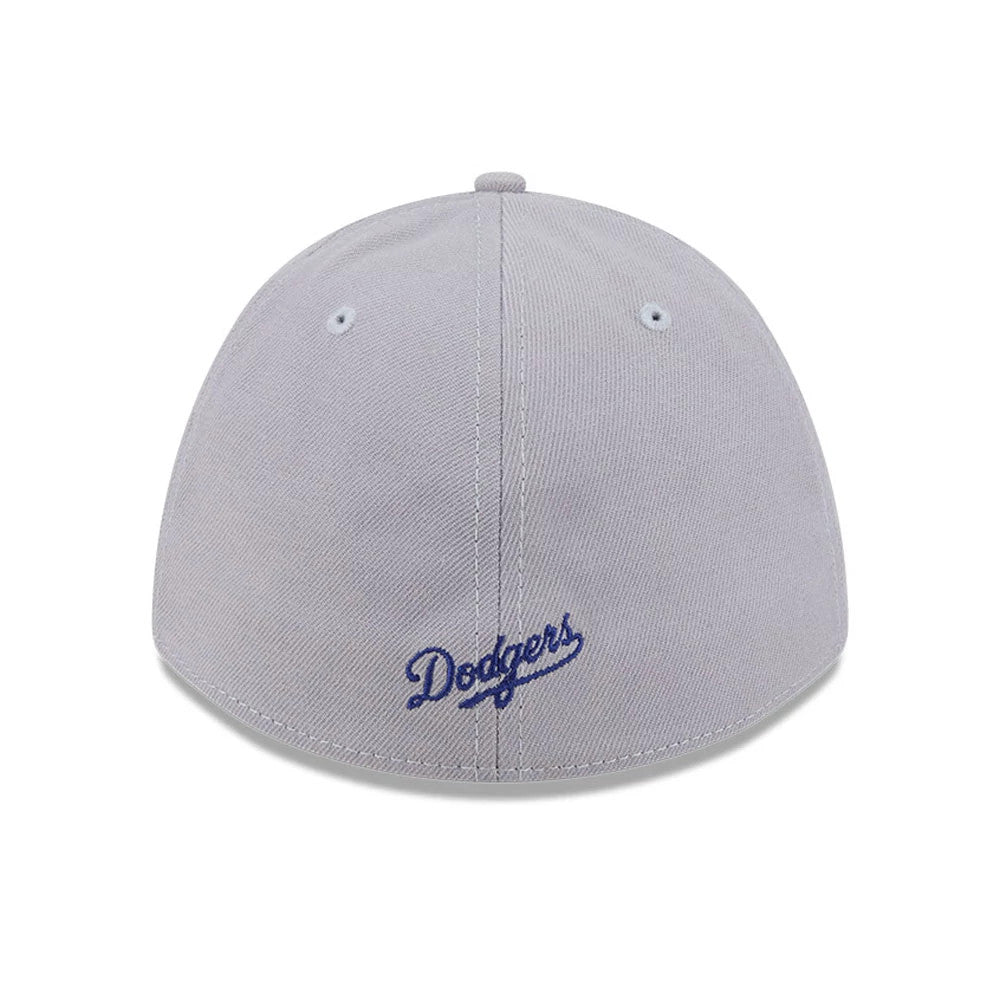 LA Dodgers MLB Grey New Era 39THIRTY M-Crown Stretch Fit Cap, rear view showing the blue Dodgers script logo embroidered at the base of the structured grey crown, with matching grey top button and embroidered eyelets.