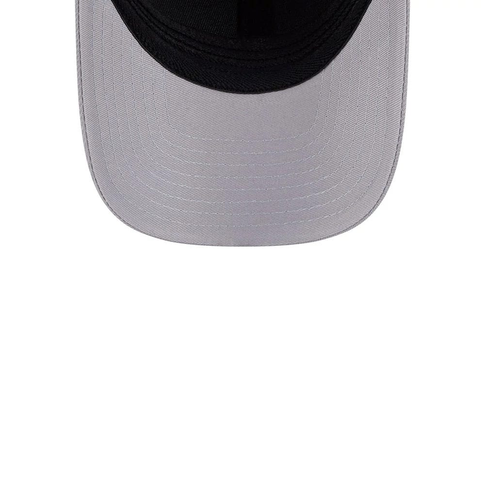 LA Dodgers MLB Grey New Era 39THIRTY M-Crown Stretch Fit Cap, top view showing the curved grey visor with detailed stitching, meeting a black crown that hints at a structured and flexible fit.
