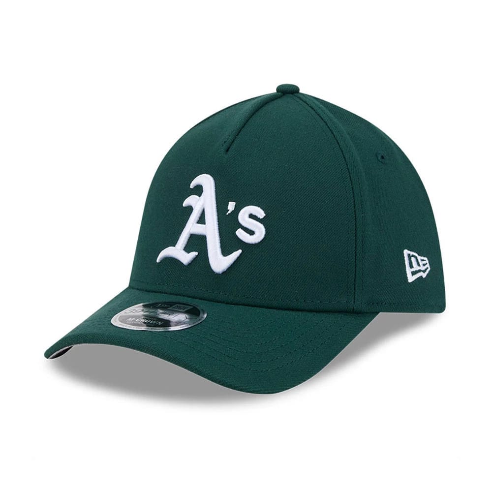 Athletics MLB Dark Green New Era 39THIRTY M-Crown A-Frame Stretch Fit Cap, three-quarter view showing the raised white A's logo on the front panel, matching dark green curved visor, and New Era flag logo on the left side.