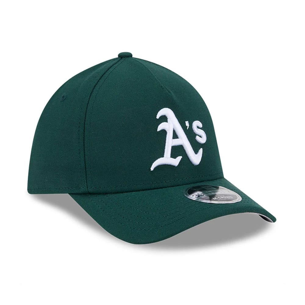 Athletics MLB Dark Green New Era 39THIRTY M-Crown A-Frame Stretch Fit Cap, three-quarter view showing the large white embroidered A’s logo on the front panel, with a curved dark green visor and a 39THIRTY size sticker.