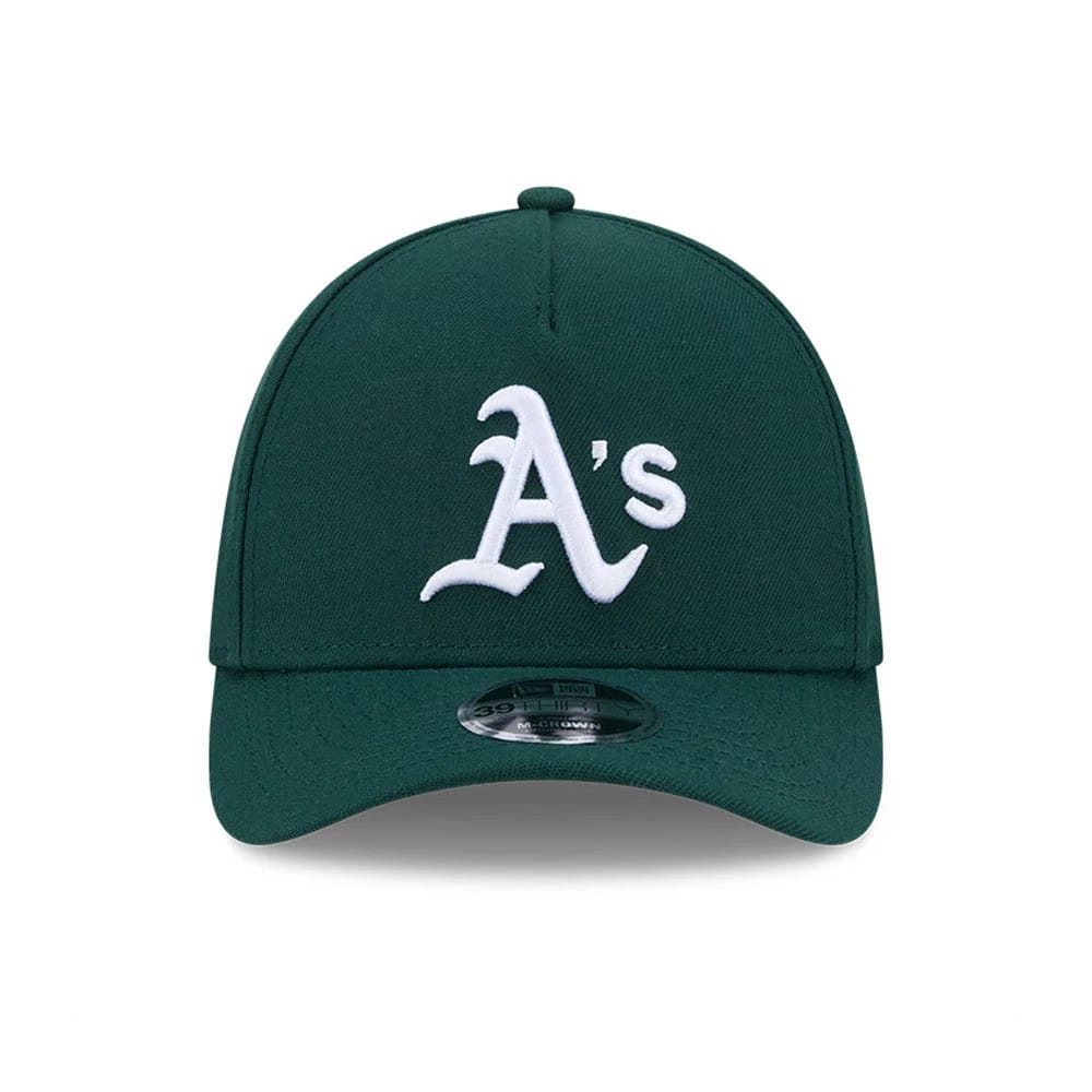 Athletics MLB Dark Green New Era 39THIRTY M-Crown A-Frame Stretch Fit Cap, front view showing a white raised embroidered A's logo on the centre of the structured dark green crown and a 39THIRTY size sticker on the curved visor.