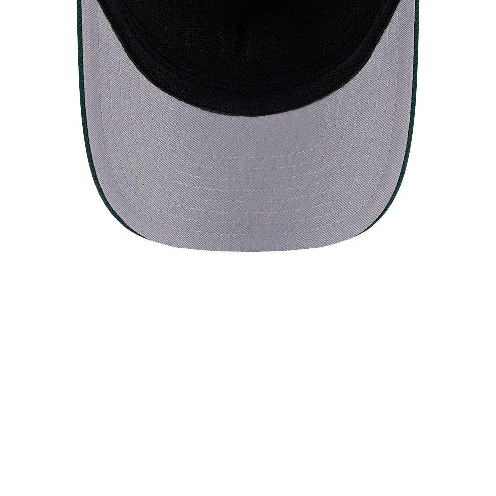 Athletics MLB Dark Green New Era 39THIRTY M-Crown A-Frame Stretch Fit Cap, inside view showing the grey undervisor and the dark green stitching along the edge of the black structured crown.
