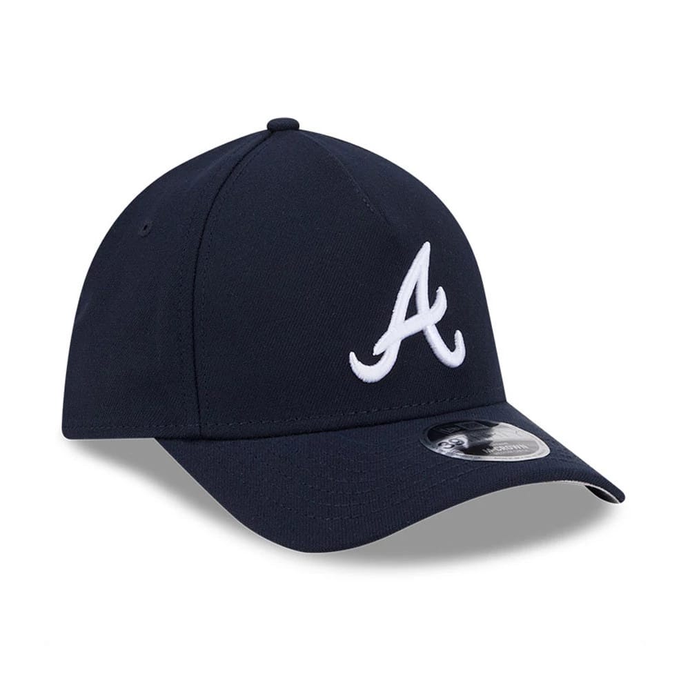 Atlanta Braves MLB Navy New Era 39THIRTY M-Crown A-Frame Stretch Fit Cap, three-quarter view with a white embroidered A logo on the front panel, curved navy visor and 39THIRTY size sticker.