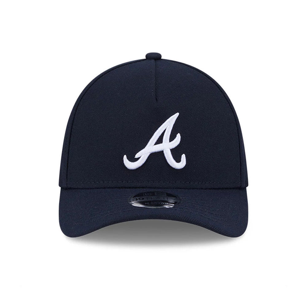 Atlanta Braves MLB Navy New Era 39THIRTY M-Crown A-Frame Stretch Fit Cap, front view showing the raised white embroidered A logo on the structured navy crown, with a 39THIRTY size sticker on the curved visor.