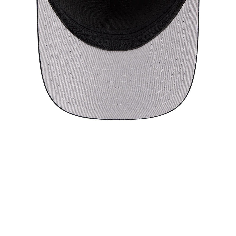 Chicago White Sox MLB Black New Era 39THIRTY M-Crown A-Frame Stretch-Fit Cap, inside view showing the grey undervisor with its detailed stitching and the black interior crown, highlighting the cap's curved design and structure.
