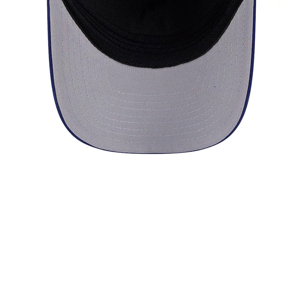 LA Dodgers MLB Dark Blue New Era 39THIRTY M-Crown A-Frame Stretch Fit Cap, inside view showing a light grey undervisor with dark blue trim, highlighting the stitching pattern on the structured visor.