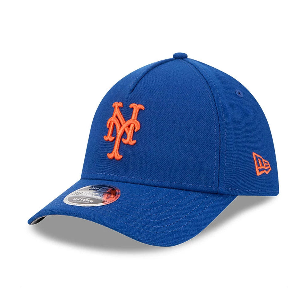 New York Mets MLB Blue New Era 39THIRTY M-Crown A-Frame Stretch Fit Cap, three-quarter view showing the raised orange embroidered Mets logo on the front panel, with a curved blue visor and a 39THIRTY size sticker on the top.