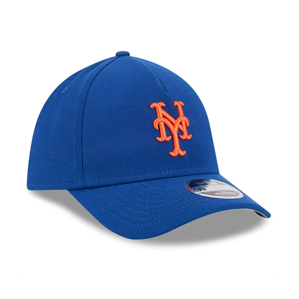 New York Mets MLB Blue New Era 39THIRTY M-Crown A-Frame Stretch Fit Cap, three-quarter view showing the orange embroidered Mets logo on the structured blue crown and a 39THIRTY size sticker on the curved visor.