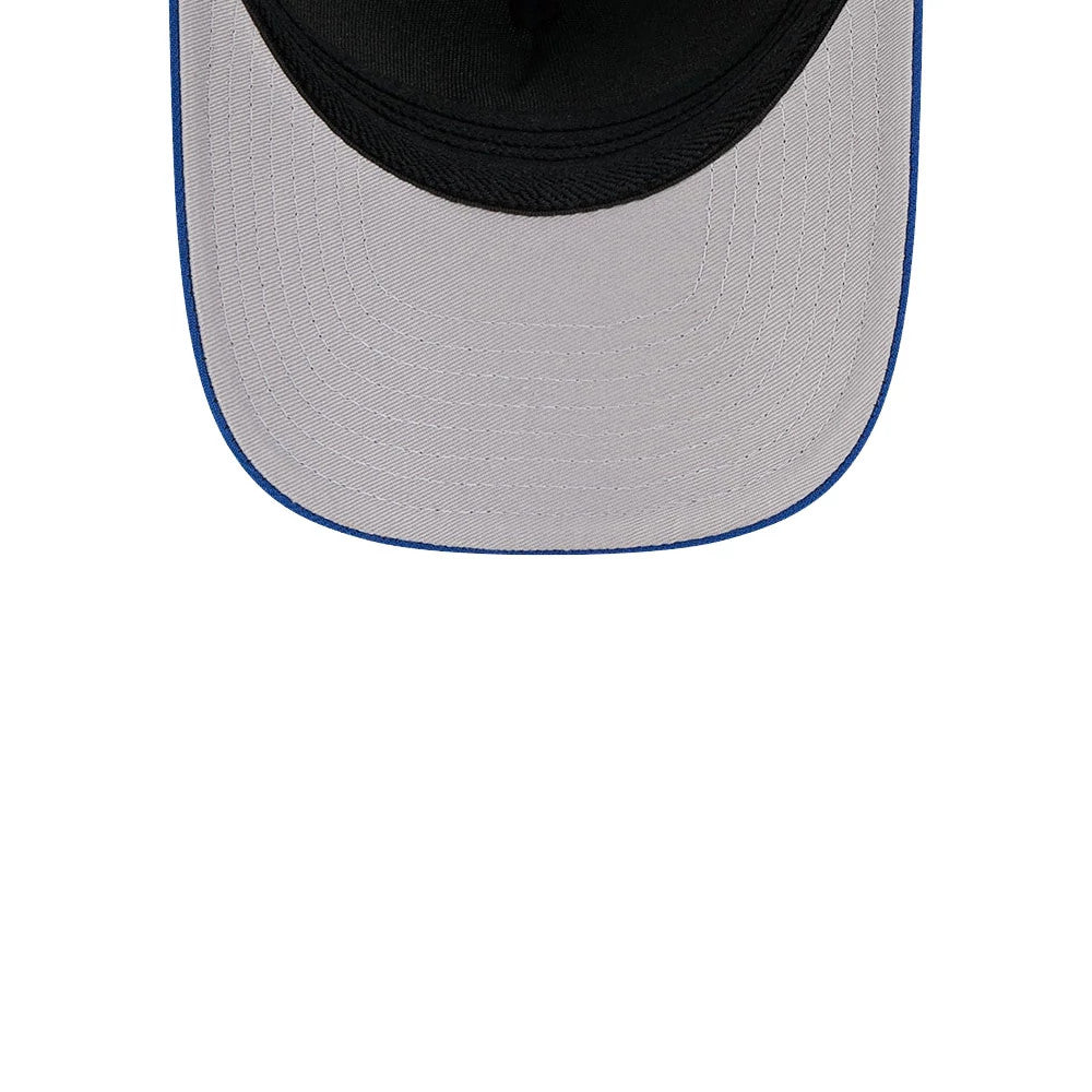 New York Mets MLB Blue New Era 39THIRTY M-Crown A-Frame Stretch Fit Cap, inside view showing the black sweatband and light grey undervisor with detailed stitching, accented by blue trim along the visor edge.