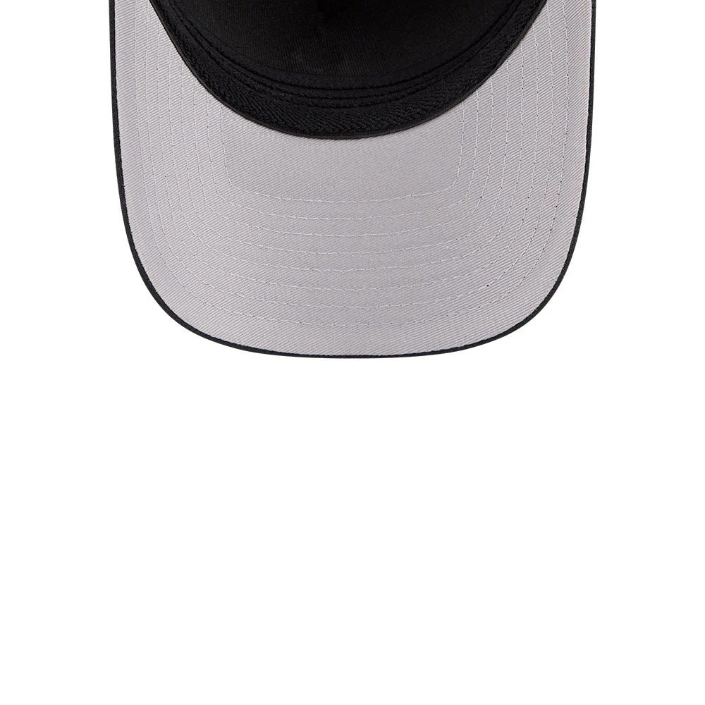 Boston Red Sox MLB Black New Era 39THIRTY M-Crown A-Frame Stretch Fit Cap, inside view showing a light grey undervisor with detailed stitching lines running across the curved visor.