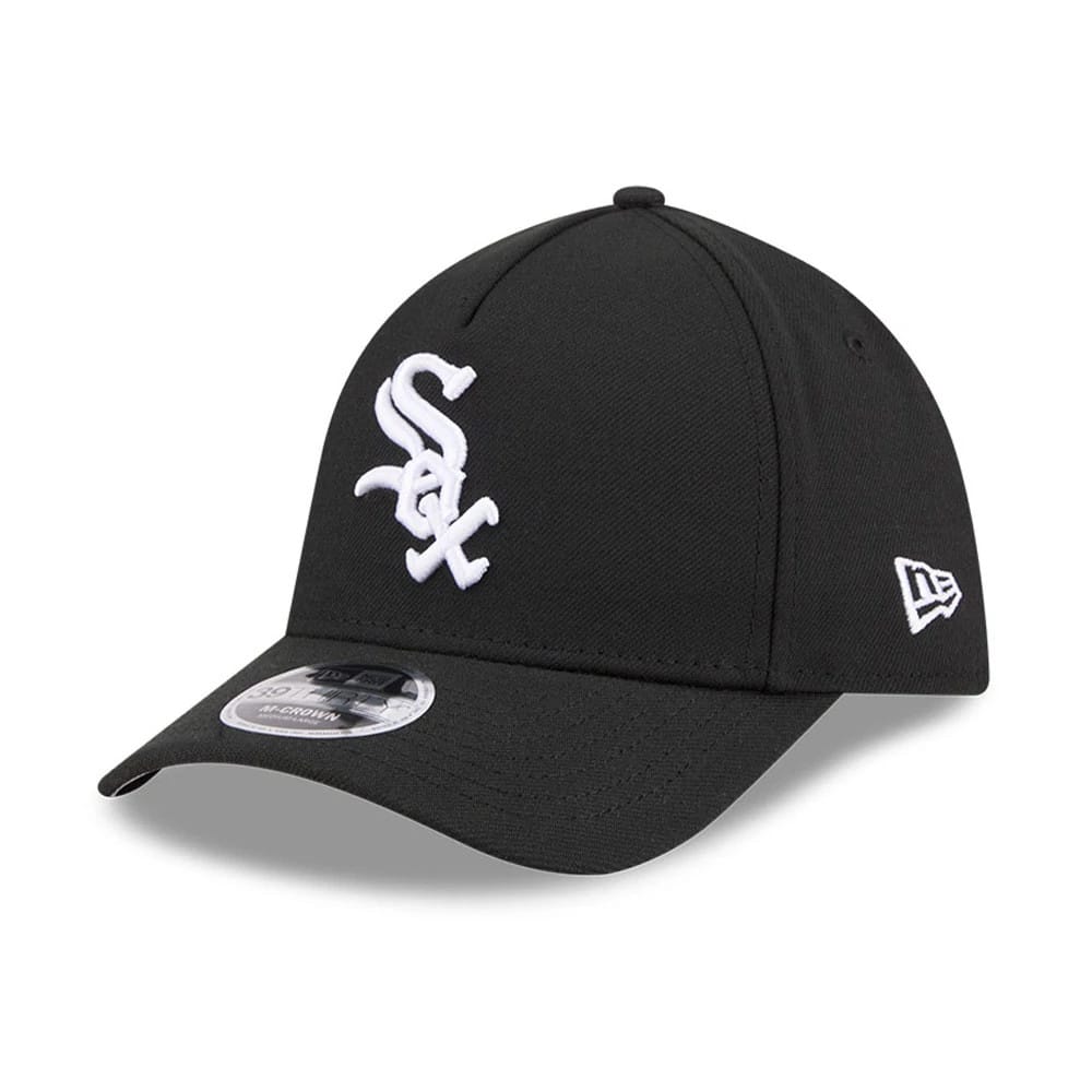 Pictured is this MLB Chicago White Sox 39THIRTY M-Crown A-Frame Stretch Fit cap in black. 1