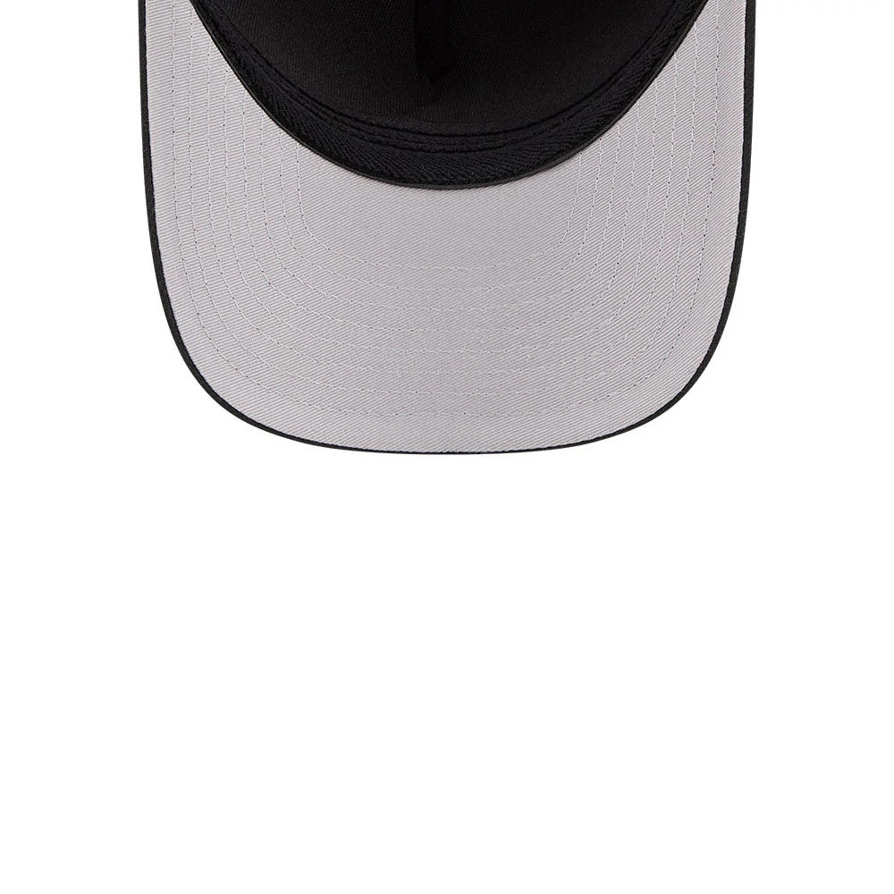 LA Dodgers MLB Black New Era 39THIRTY M-Crown A-Frame Stretch Fit Cap, inside view showing a contrasting grey undervisor and black interior lining, highlighting the detailed stitching on the visor.