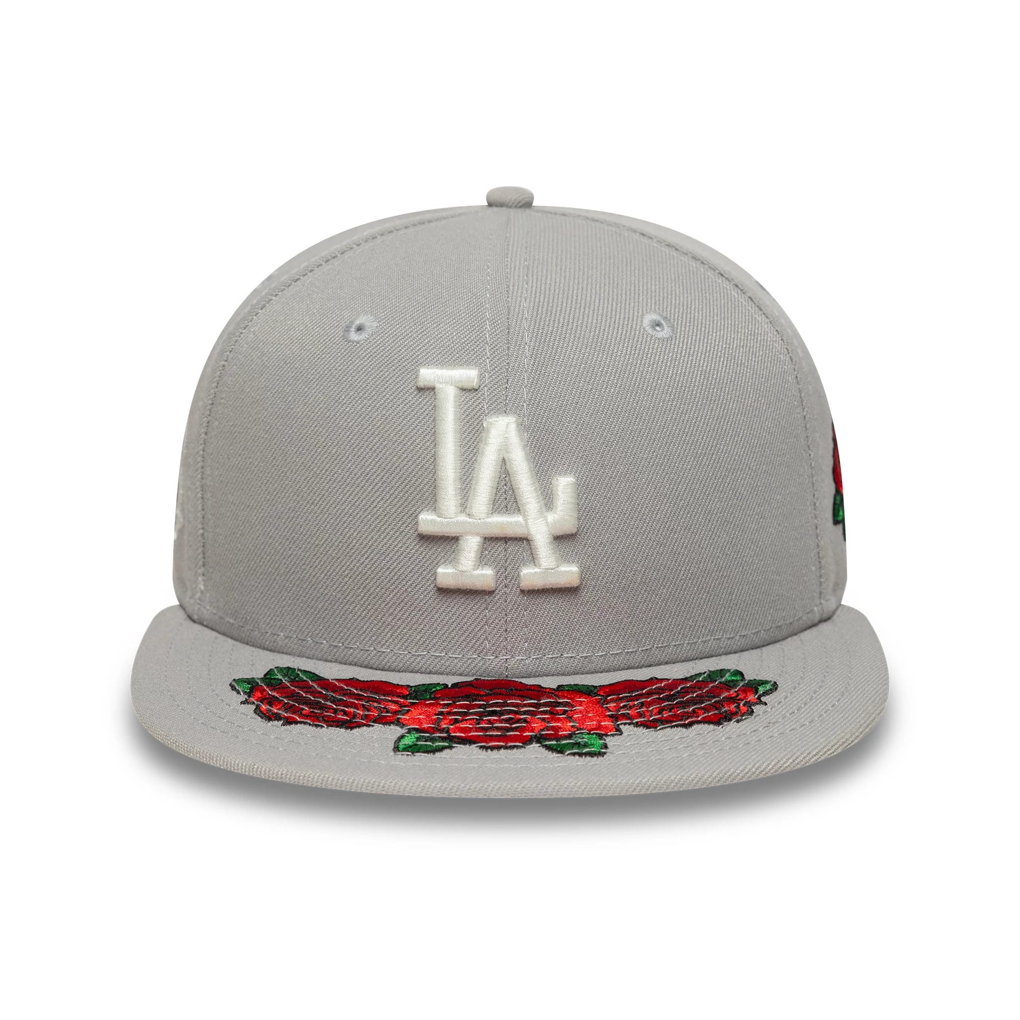 LA Dodgers MLB Cooperstown Floral Grey New Era 59FIFTY Fitted Cap, front view showing the white raised LA logo embroidery on the grey crown and red rose floral embroidery on the flat grey visor.