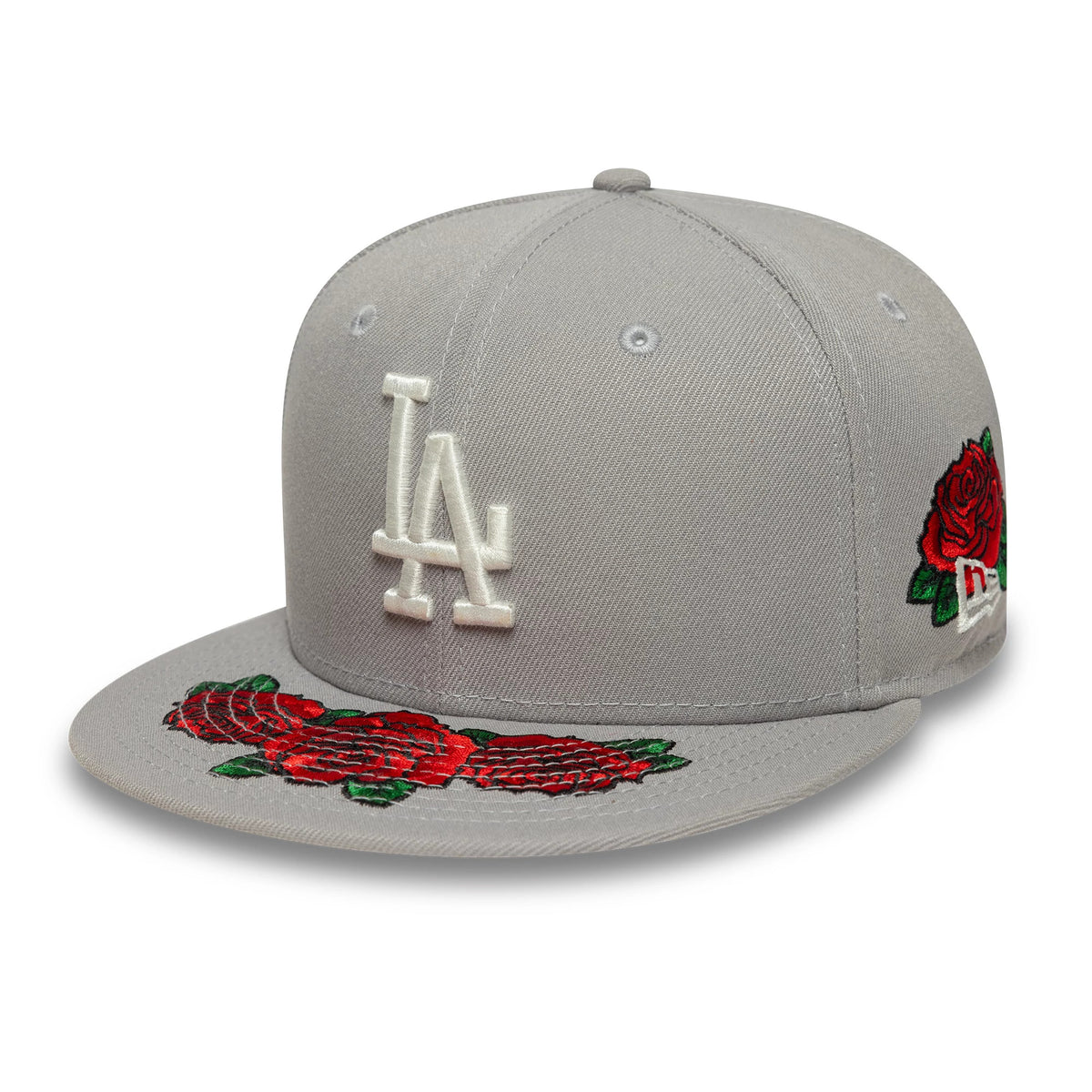 LA Dodgers MLB Cooperstown Floral Grey New Era 59FIFTY Fitted Cap, three-quarter view with a white embroidered LA logo on the front panel, red rose embroidery on the grey visor and side, and the New Era flag logo on the left side.