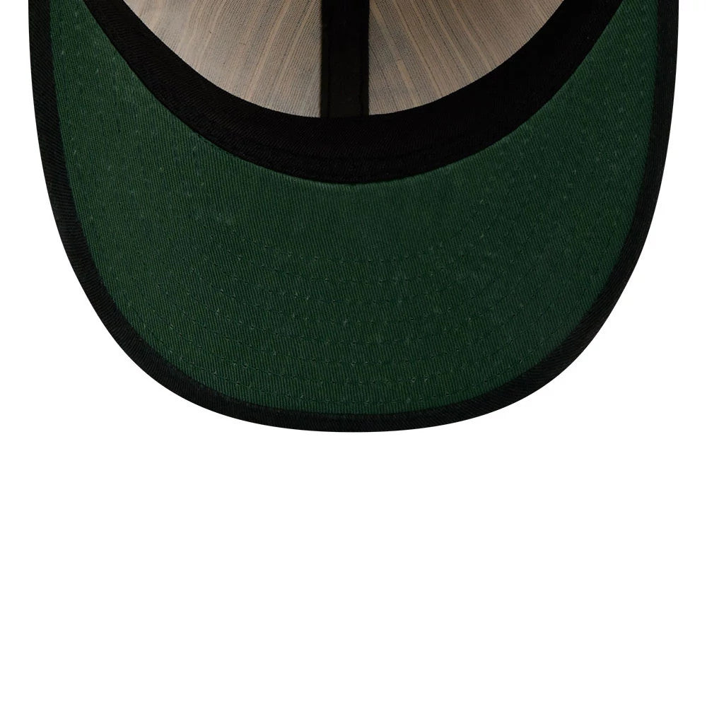 Chicago White Sox MLB Americana Herringbone White Retro Crown New Era 9FIFTY Adjustable Cap, inside view showing the dark green undervisor, black band along the edge, and brown internal taping with a black sweatband.