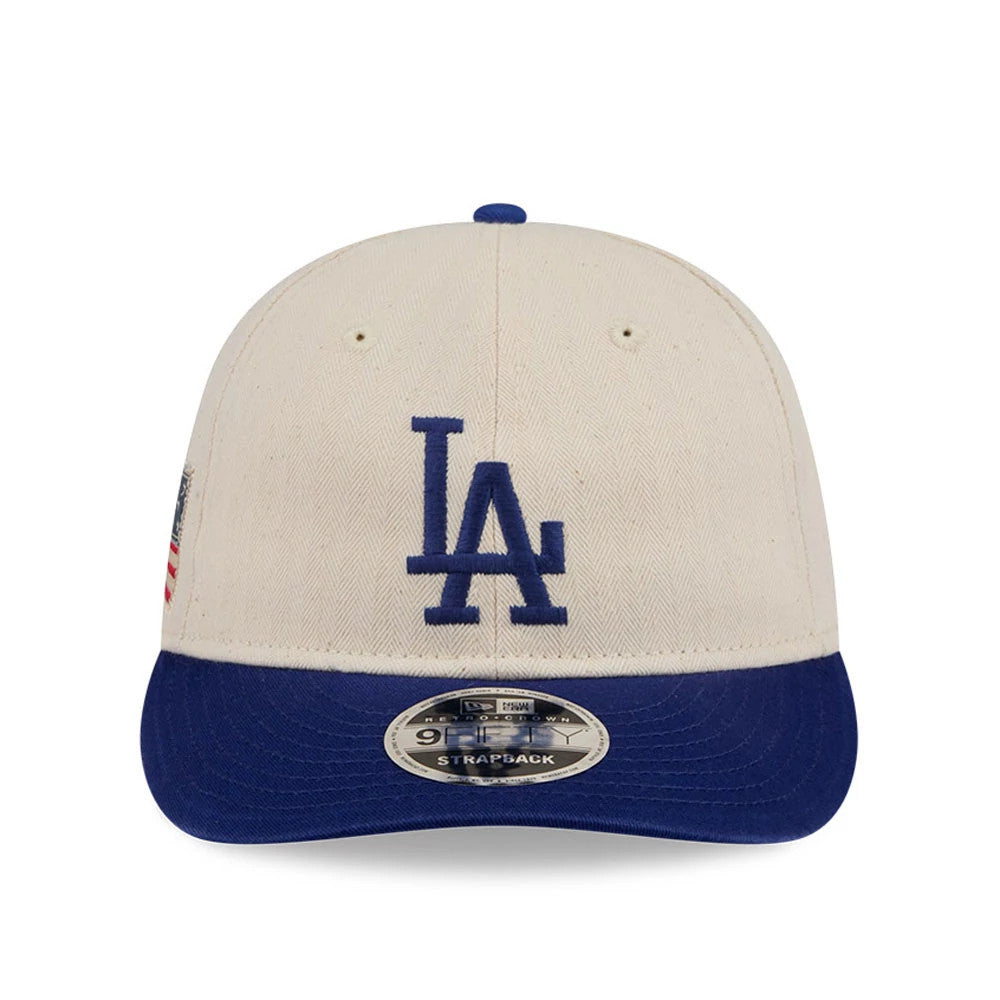 LA Dodgers MLB Americana Herringbone Dark White Retro Crown New Era 9FIFTY Adjustable Cap, front view showing the blue LA logo in raised embroidery on a dark white herringbone crown, blue visor and 9FIFTY size sticker.