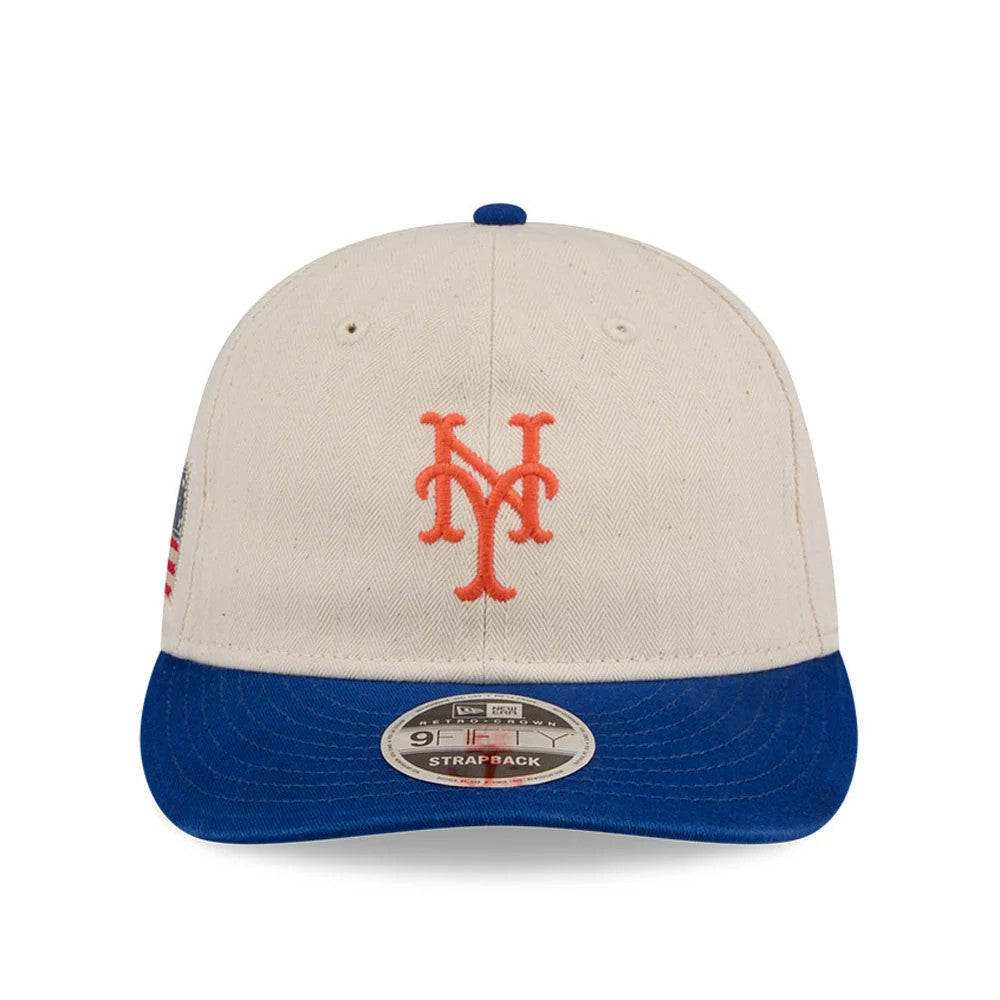 New York Mets MLB Americana Herringbone White Retro Crown New Era 9FIFTY Adjustable Cap, front view showing an orange embroidered NY logo on the cream herringbone crown, blue visor and grey 9FIFTY size sticker.