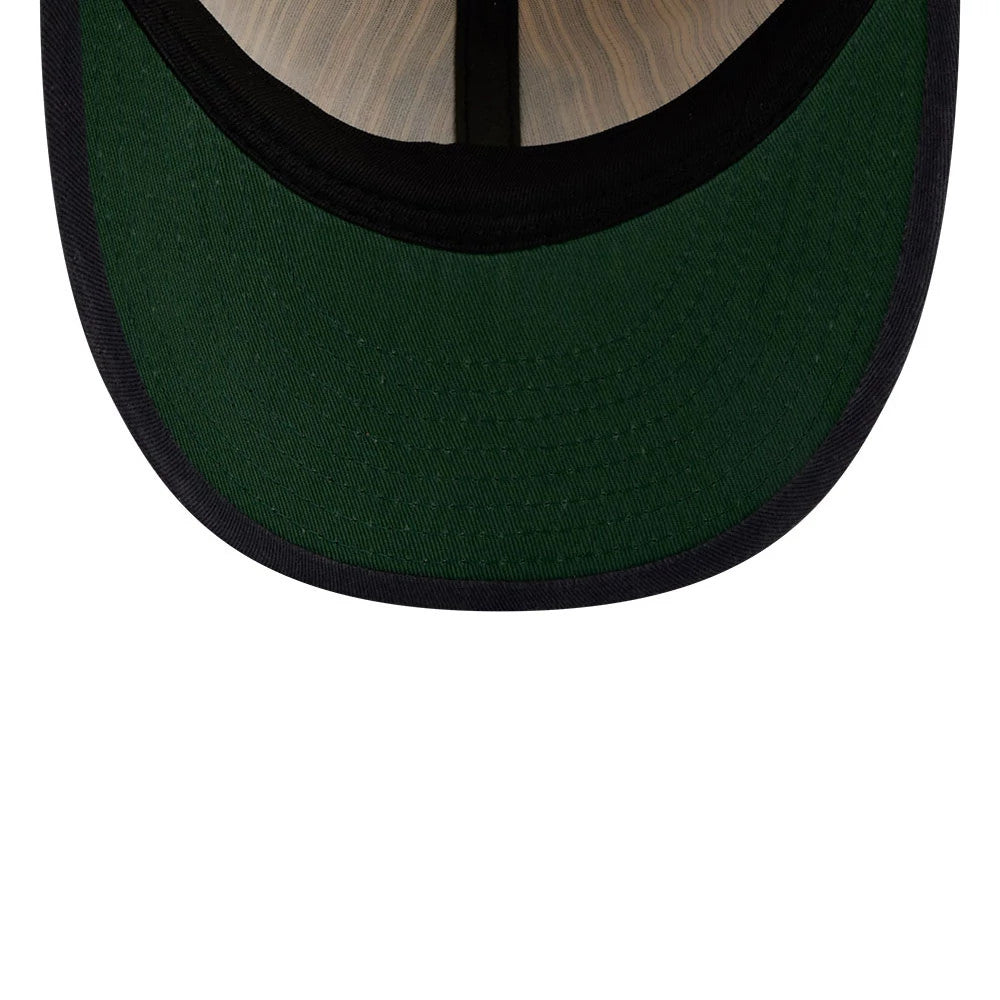 New York Yankees MLB Americana Herringbone White Retro Crown New Era 9FIFTY Adjustable Cap, inside view showing the deep green undervisor, light brown taping, and black sweatband lining the crown.