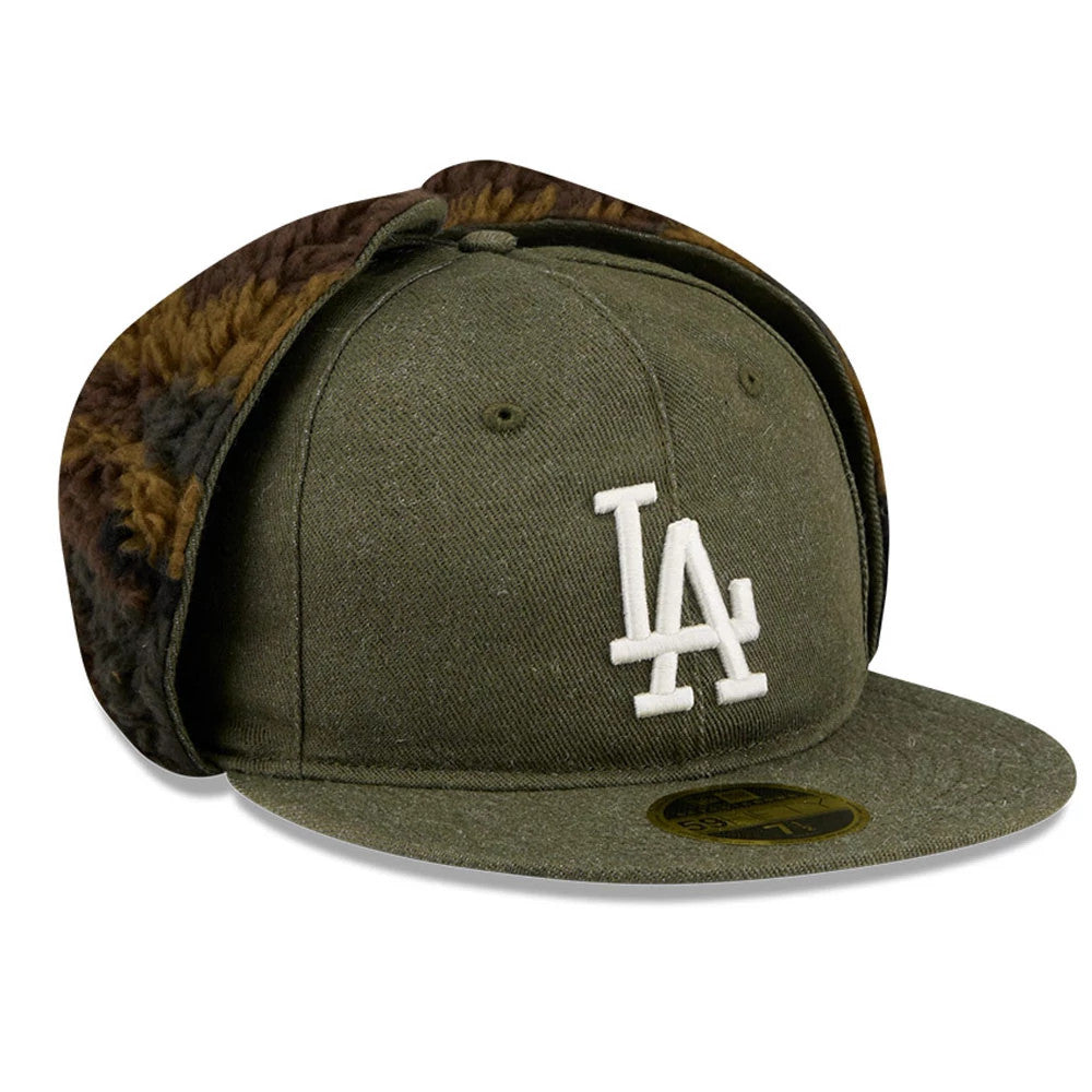 LA Dodgers MLB Camo Open Green Retro Crown Dogear New Era 59FIFTY Fitted Cap, front view showing the white embroidered LA logo on the front panel, flat green visor with gold 59FIFTY size sticker, and faux fur lined dogear flaps.