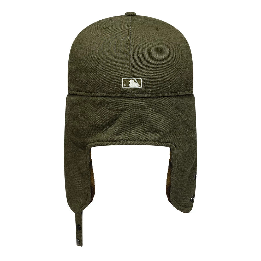 Detroit Tigers MLB Camo Open Green Retro Crown Dogear New Era 59FIFTY Fitted Cap, rear view showing the white embroidered MLB Batterman logo centred on the structured green crown with extended ear flaps and button details.