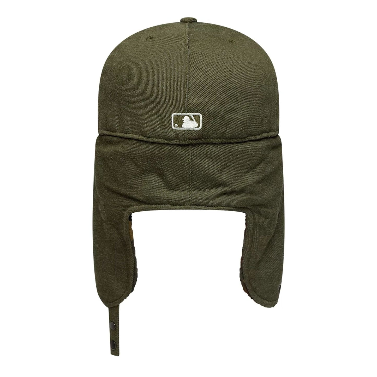 Boston Red Sox MLB Camo Open Green Retro Crown Dogear New Era 59FIFTY Fitted Cap, rear view showing the white embroidered MLB Batterman logo on the centre of the green panels with ear flaps and buttoned straps.