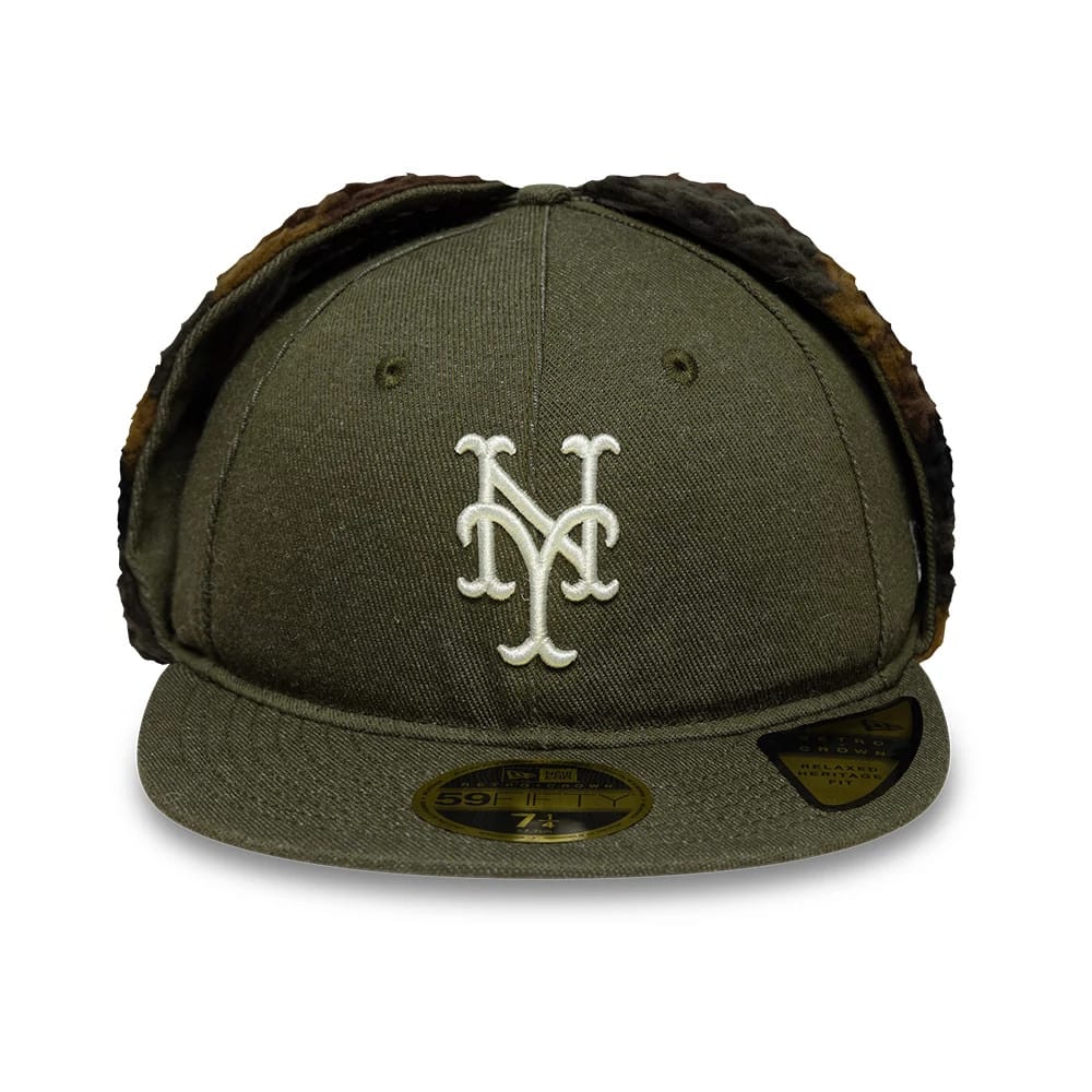 New York Mets MLB Camo Open Green Retro Crown Dogear New Era 59FIFTY Fitted Cap, front view showing the white embroidered NY logo on the olive green crown, camo dogear flaps, and a gold 59FIFTY size sticker on the flat visor.