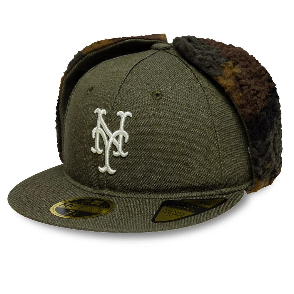 This is a New York Mets MLB Camo Open Green Retro Crown Dogear 59FIFTY Fitted Cap 1