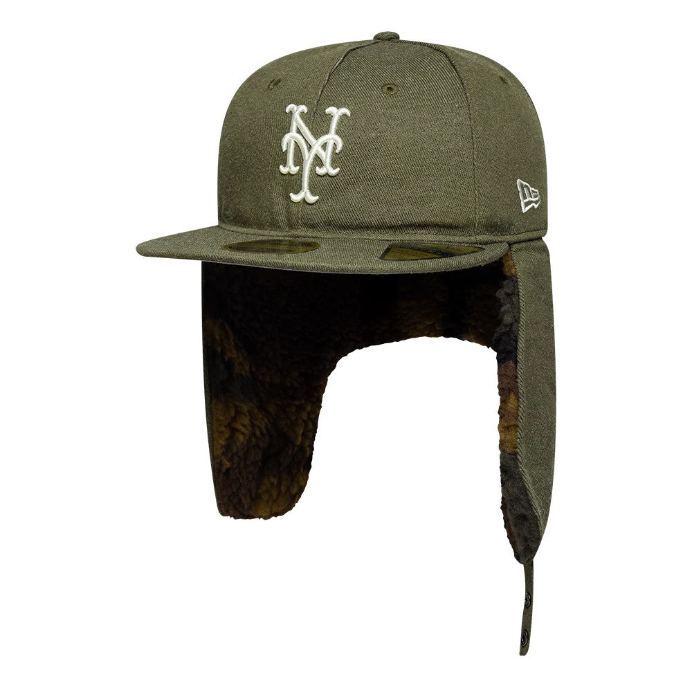 New York Mets MLB Camo Open Green Retro Crown Dogear New Era 59FIFTY Fitted Cap, three-quarter view showing the white embroidered Mets logo on the front panel, camo-patterned dogear flaps, and gold 59FIFTY size sticker on a flat green visor.