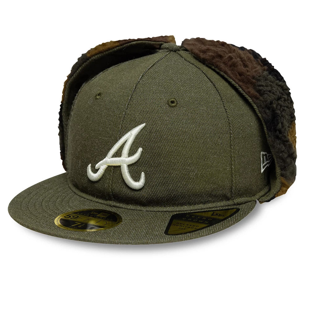 Atlanta Braves MLB Camo Open Green Retro Crown Dogear New Era 59FIFTY Fitted Cap, front view showing the white raised embroidered A logo on the front panel, with a dark green visor and gold 59FIFTY size sticker on top.