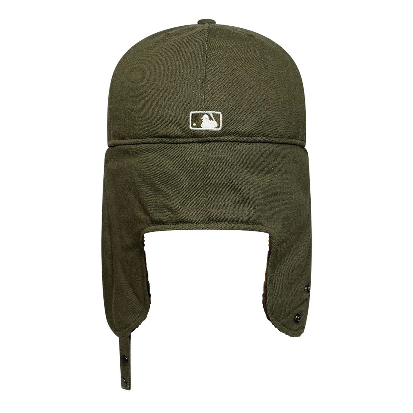Atlanta Braves MLB Camo Open Green Retro Crown Dogear New Era 59FIFTY Fitted Cap, rear view showing the white embroidered MLB Batterman logo centred on the structured green crown with extended ear flaps and button details.