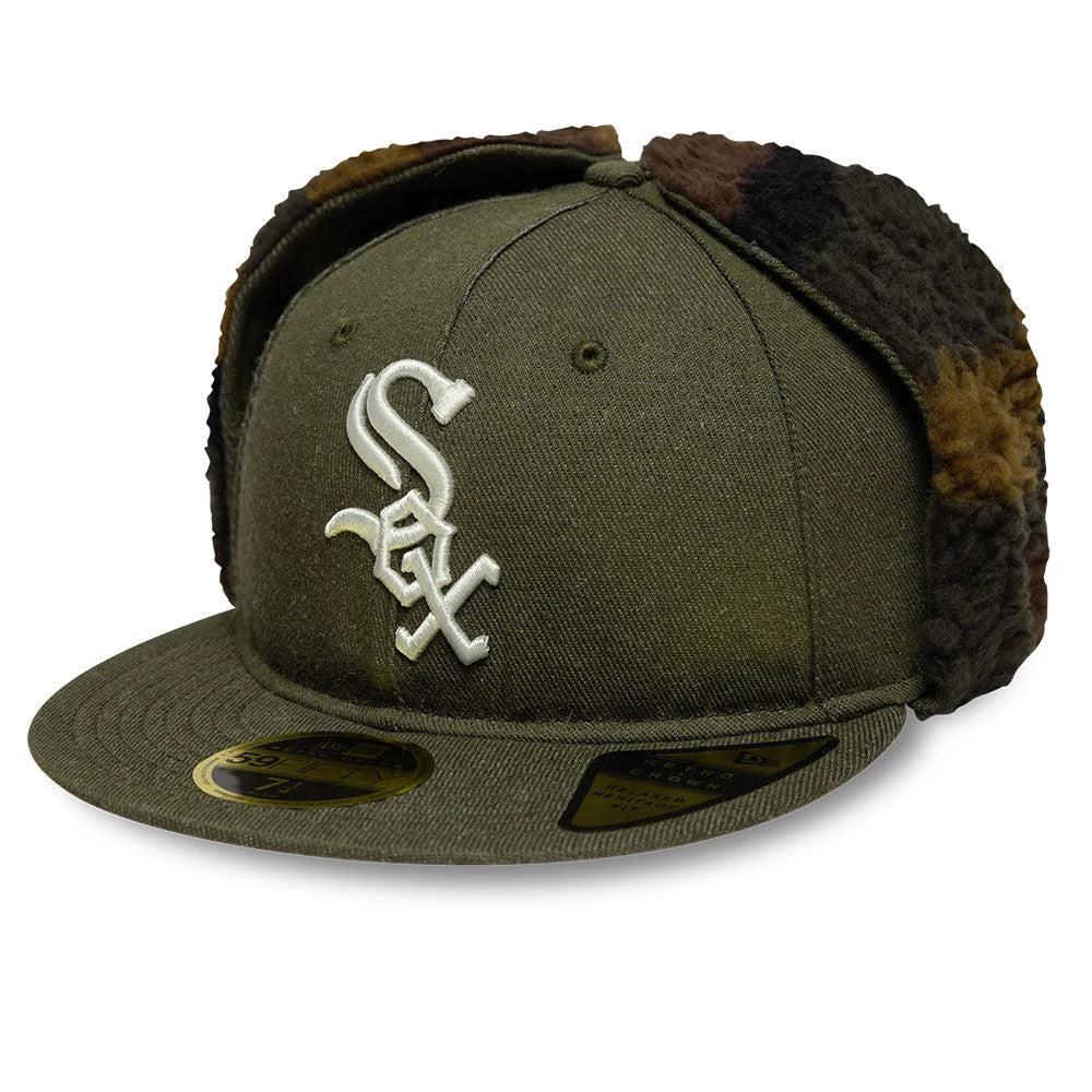 This is a Chicago White Sox MLB Camo Green Retro Crown Dogear 59FIFTY Fitted Cap 1