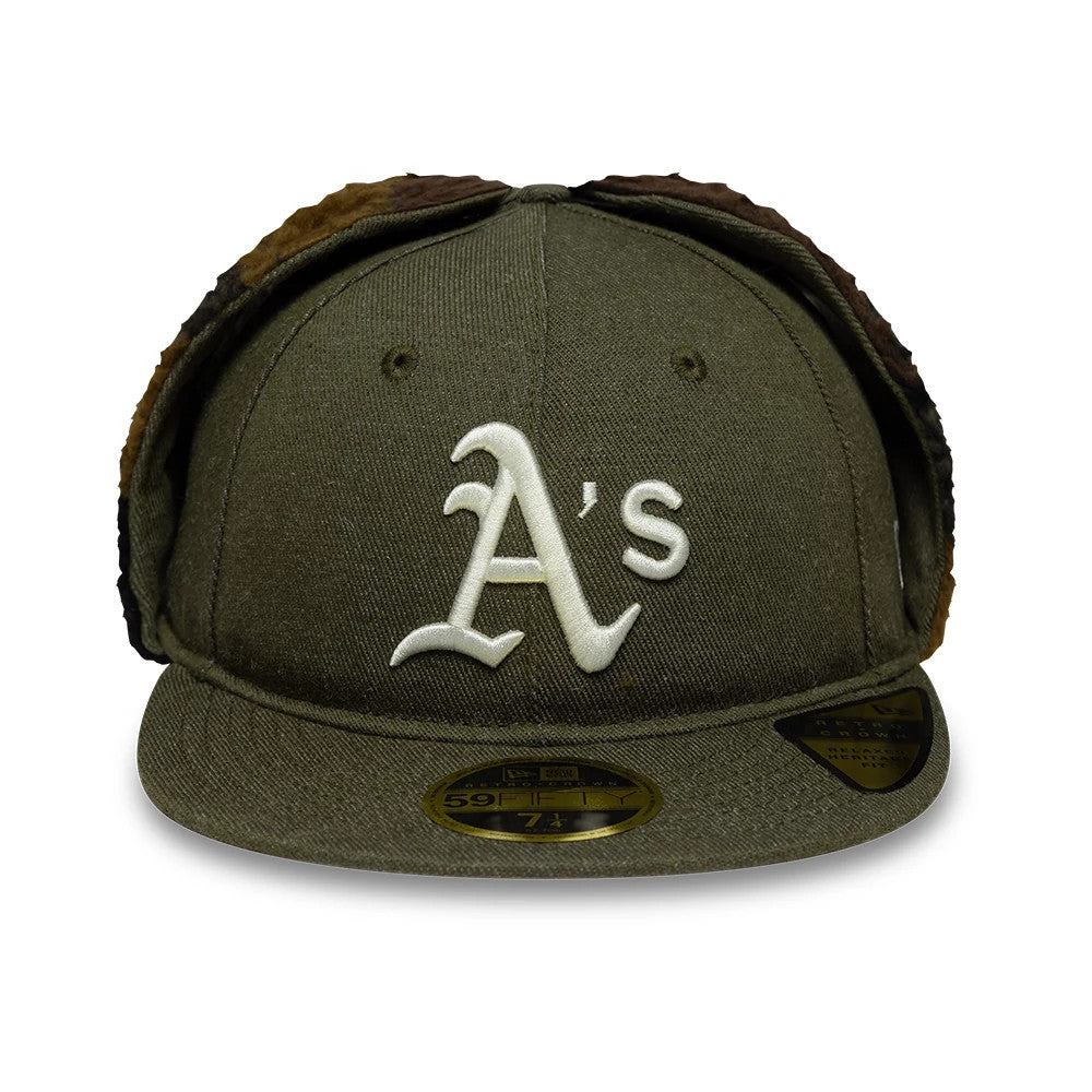 Athletics MLB Camo Open Green Retro Crown Dogear New Era 59FIFTY Fitted Cap, front view showing the raised white embroidered A’s logo on the green front panel with a gold 59FIFTY size sticker on the flat visor.