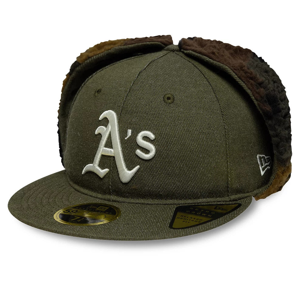 Athletics MLB Camo Open Green Retro Crown Dogear New Era 59FIFTY Fitted Cap, front view showing the white embroidered A's logo on the front panel, camo-patterned ear flaps, and a gold 59FIFTY size sticker on the flat green visor.