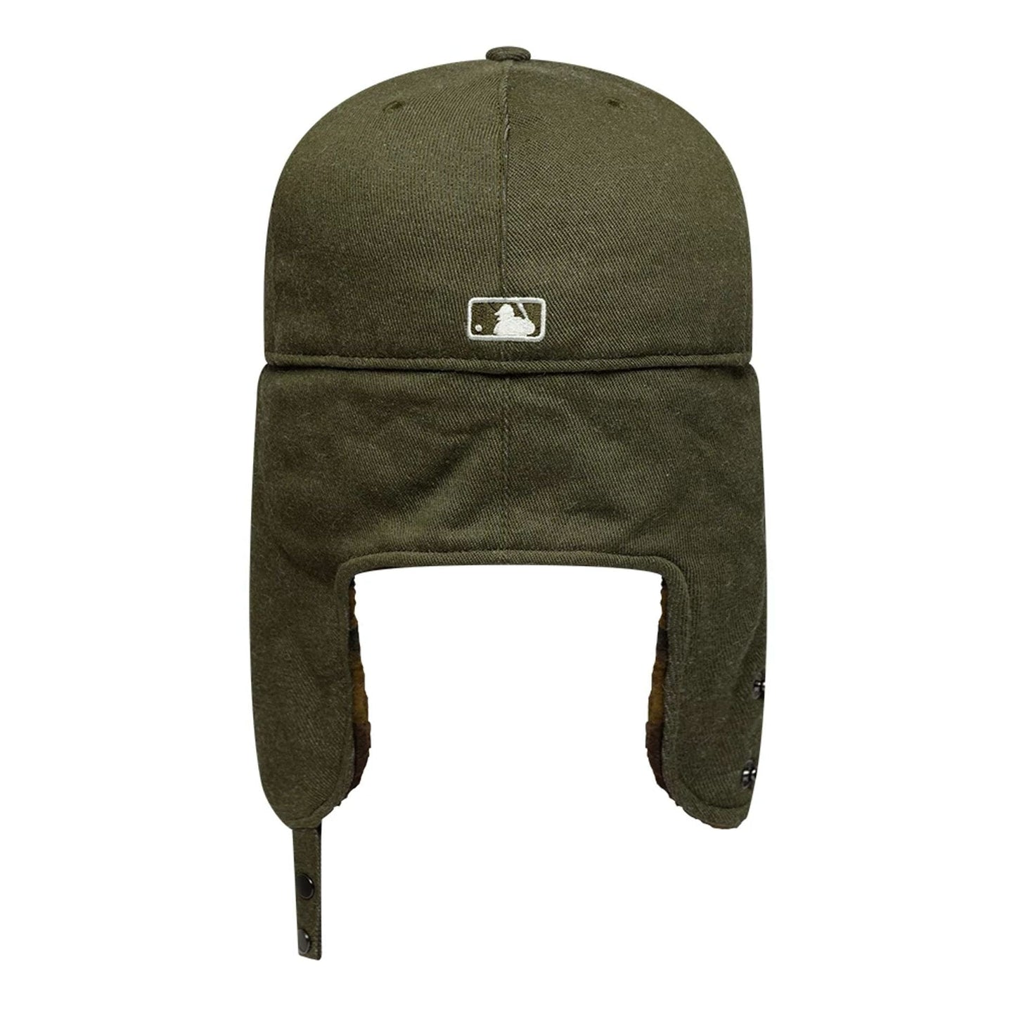 Athletics MLB Camo Open Green Retro Crown Dogear New Era 59FIFTY Fitted Cap, rear view showing the white MLB Batterman logo centred on the back, with plush lined dog ears hanging down from the structured green crown.