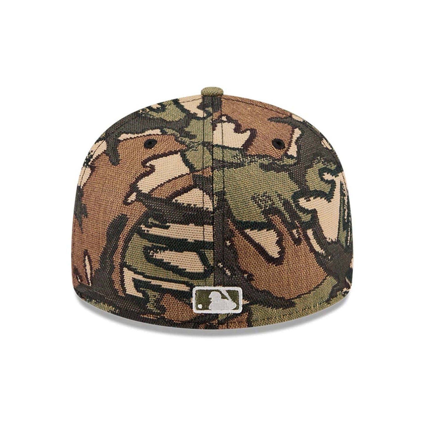 Seattle Mariners MLB Jacquard Camo New Era 59FIFTY Fitted Cap, rear view featuring the white embroidered MLB Batterman logo at the centre of the back panels, set against a detailed green and brown camouflage pattern.