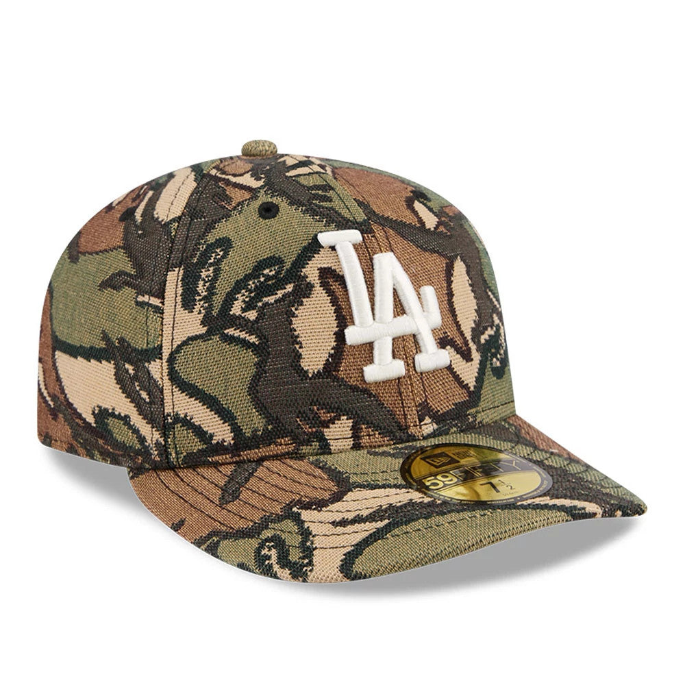 LA Dodgers MLB Jacquard Camo New Era 59FIFTY Fitted Cap, three-quarter view showing the raised white LA logo on the front panel with a gold 59FIFTY size sticker on the flat camo visor.