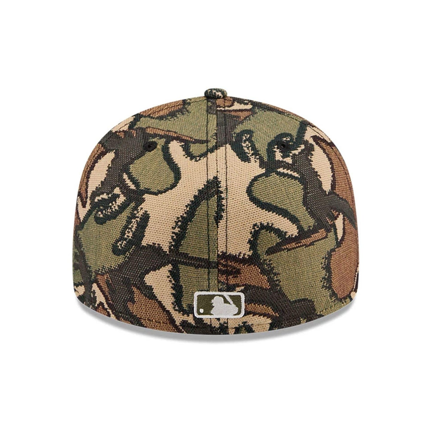 Chicago White Sox MLB Jacquard Camo New Era 59FIFTY Fitted Cap, rear view showing the embroidered MLB Batterman logo at the centre back of the camo-patterned crown with a blend of green, beige, and brown shades.