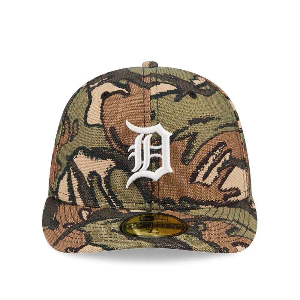Detroit Tigers MLB Jacquard Camo New Era 59FIFTY Fitted Cap, front view showing a white raised embroidered Tigers logo on the structured camo crown, with a flat camo visor and a gold 59FIFTY size sticker.