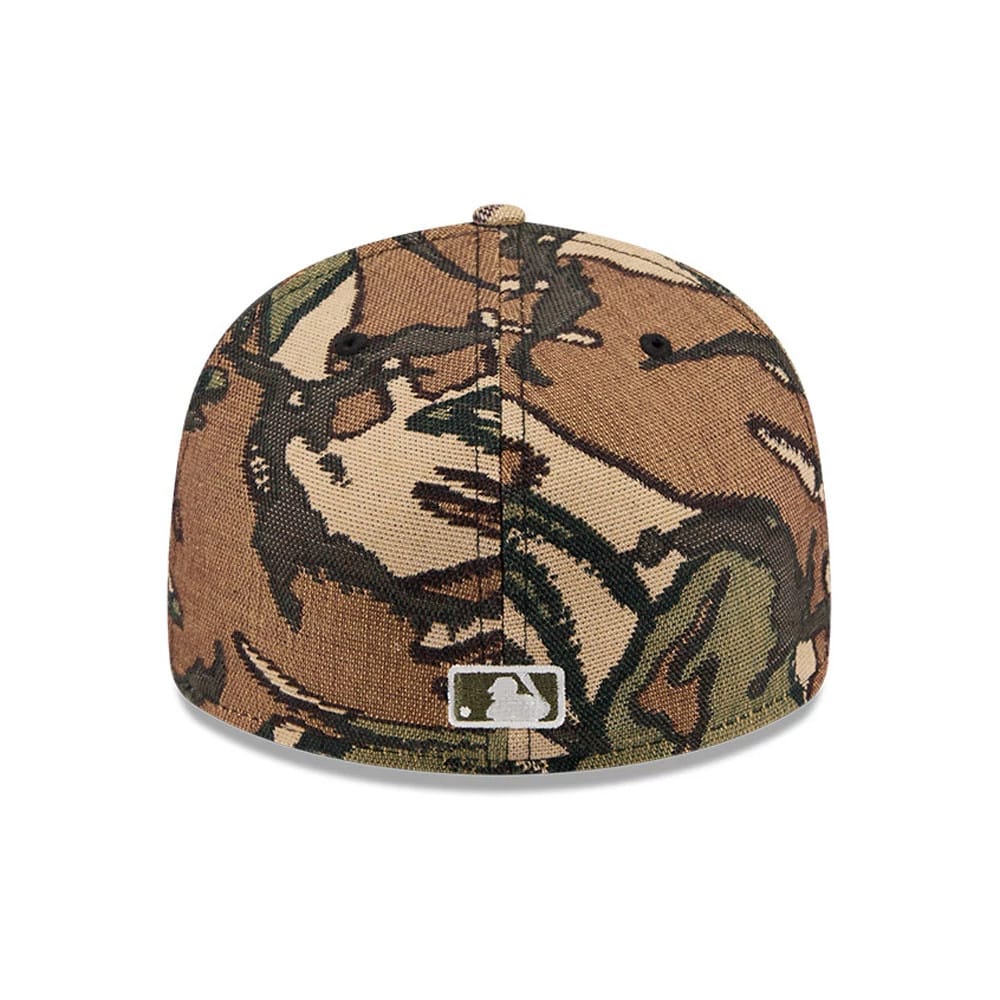 Detroit Tigers MLB Jacquard Camo New Era 59FIFTY Fitted Cap, rear view showing the white embroidered MLB Batterman logo centred on the camo-patterned back panels with a textured brown and green design.