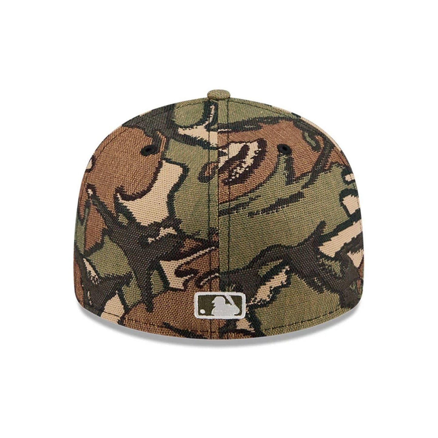 Boston Red Sox MLB Jacquard Camo New Era 59FIFTY Fitted Cap, rear view showing the silver embroidered MLB Batterman logo centred at the base of the camo-patterned back panels, with a round top button and matching eyelets.