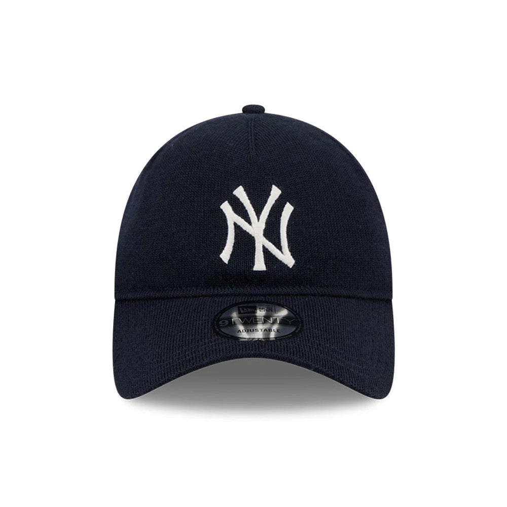 New York Yankees MLB Merino Wool Navy New Era 9TWENTY Adjustable Cap, front view showing the white raised embroidered NY logo on the structured navy crown, with a curved visor and the 9TWENTY size sticker on the visor.