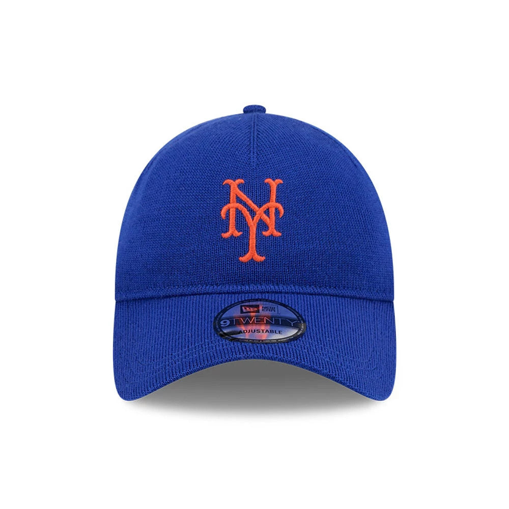 New York Mets MLB Merino Wool Blue New Era 9TWENTY Adjustable Cap, front view showing the raised orange NY logo embroidered on the blue crown, with a 9TWENTY size sticker on the curved blue visor.