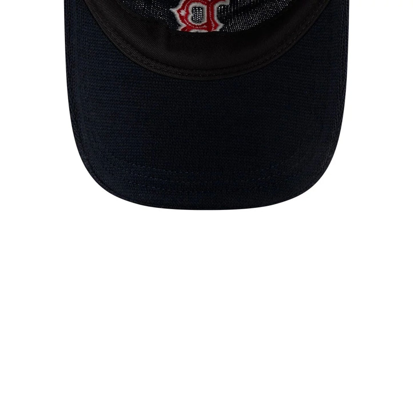 Boston Red Sox MLB Merino Wool Navy New Era 9TWENTY Adjustable Cap, inside view showing black sweatband, contrasting white taping, and grey undervisor with partially embroidered Boston B logo.