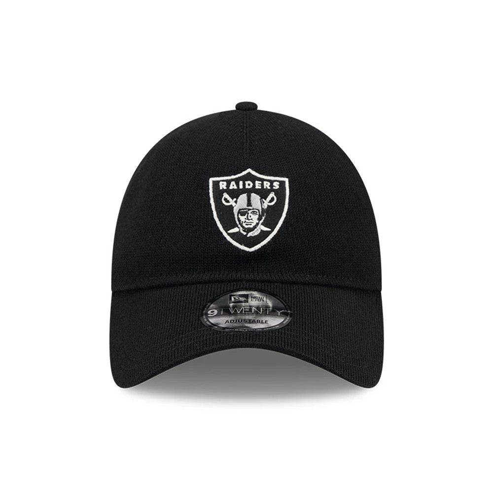 Las Vegas Raiders NFL Merino Wool Black New Era 9TWENTY Adjustable Cap, front view showing the raised white embroidered Raiders logo on the structured black crown, with a 9TWENTY size sticker centred on the curved black visor.