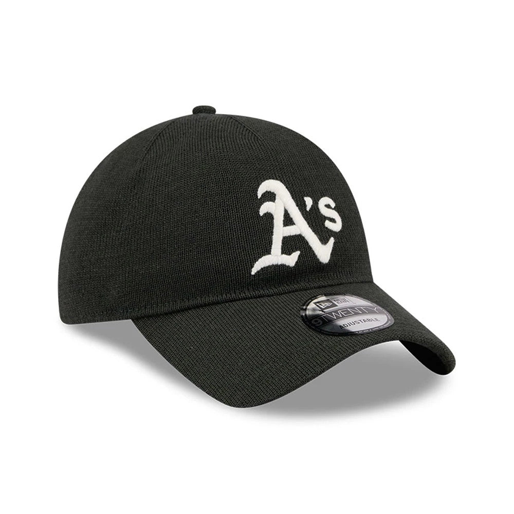Athletics MLB Merino Wool Dark Green New Era 9TWENTY Adjustable Cap, three-quarter view showing the white embroidered A's logo on the front panel, with a curved visor and 9TWENTY size sticker on top.